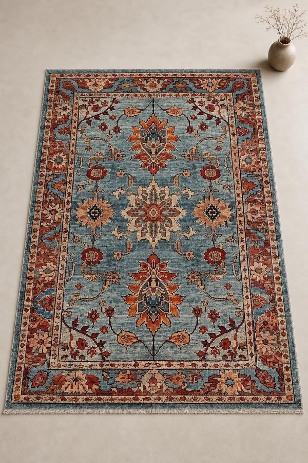 Mavi Mutfak Halısı Kullanımına Uygun Bohem Çiçek Desenli Saçaklı Kilim Yolluk