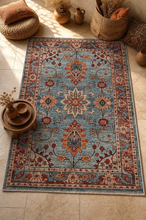 Mavi Mutfak Halısı Kullanımına Uygun Bohem Çiçek Desenli Saçaklı Kilim Yolluk