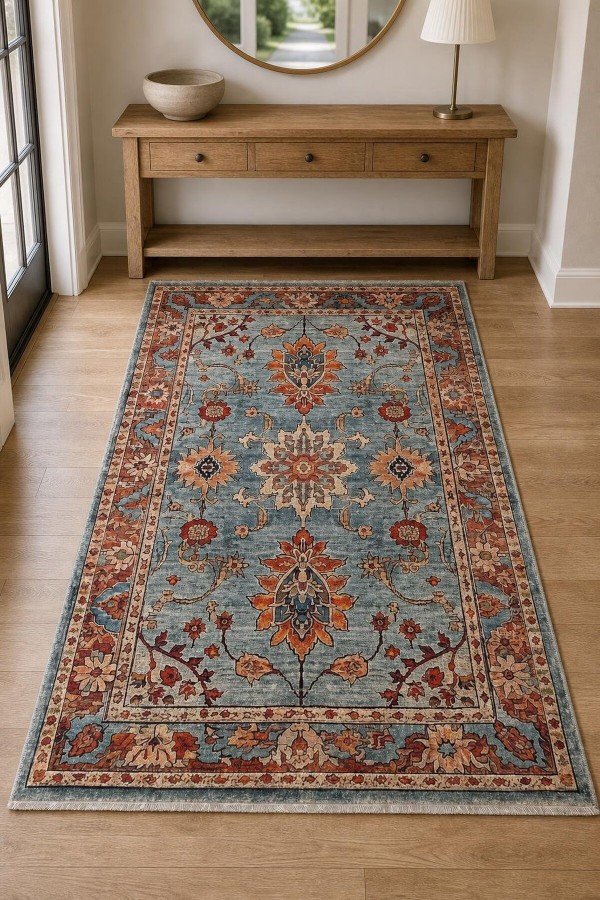 Mavi Mutfak Halısı Kullanımına Uygun Bohem Çiçek Desenli Saçaklı Kilim Yolluk