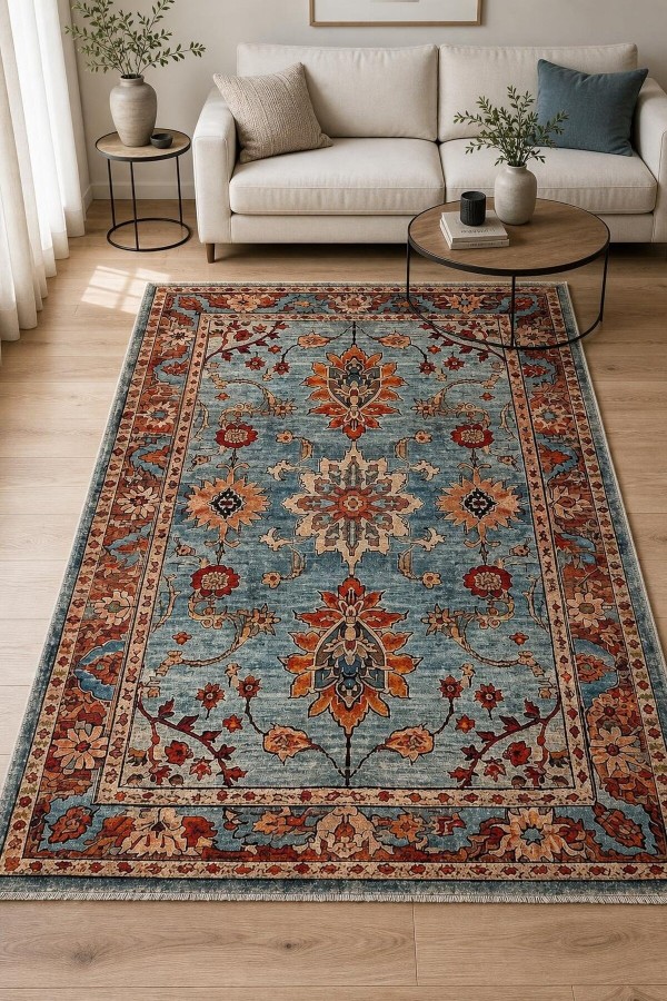 Mavi Mutfak Halısı Kullanımına Uygun Bohem Çiçek Desenli Saçaklı Kilim Yolluk