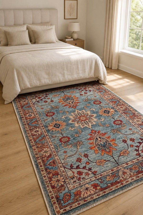Mavi Mutfak Halısı Kullanımına Uygun Bohem Çiçek Desenli Saçaklı Kilim Yolluk