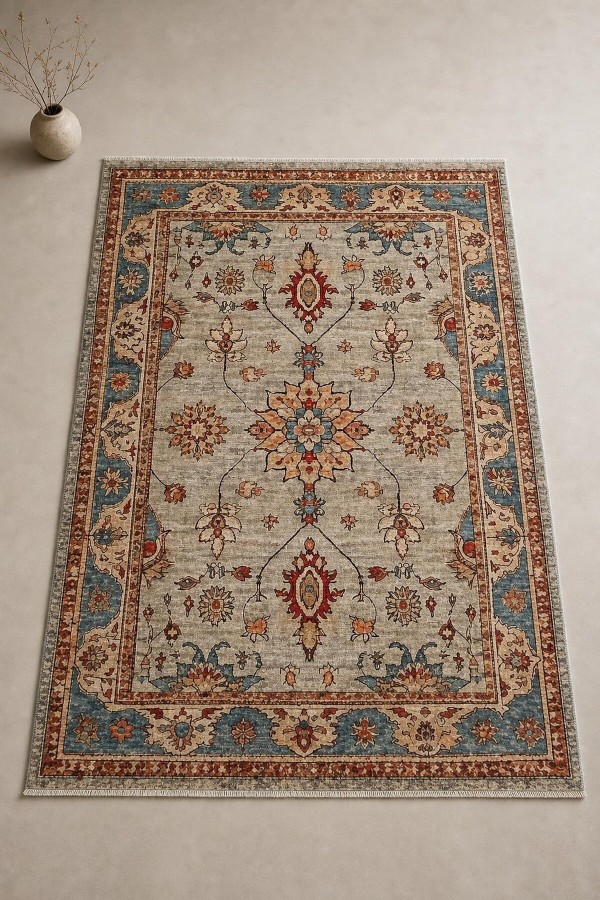 Bej Mutfak Halısı Alternatifi Bohem Çiçek Desenli Saçaklı Kilim Yolluk