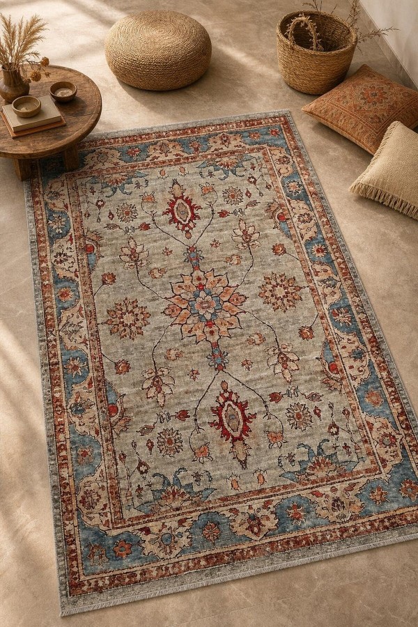 Bej Mutfak Halısı Alternatifi Bohem Çiçek Desenli Saçaklı Kilim Yolluk