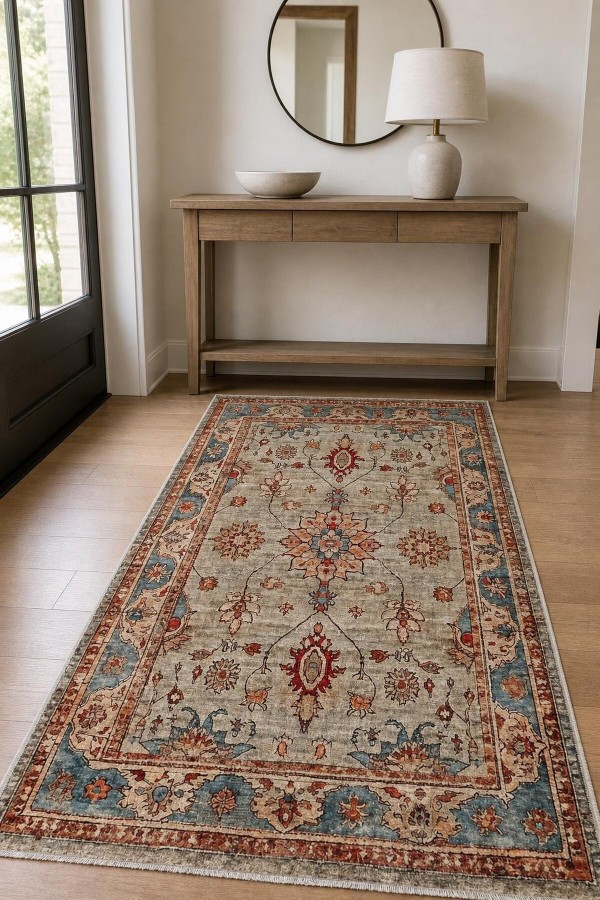 Bej Mutfak Halısı Alternatifi Bohem Çiçek Desenli Saçaklı Kilim Yolluk