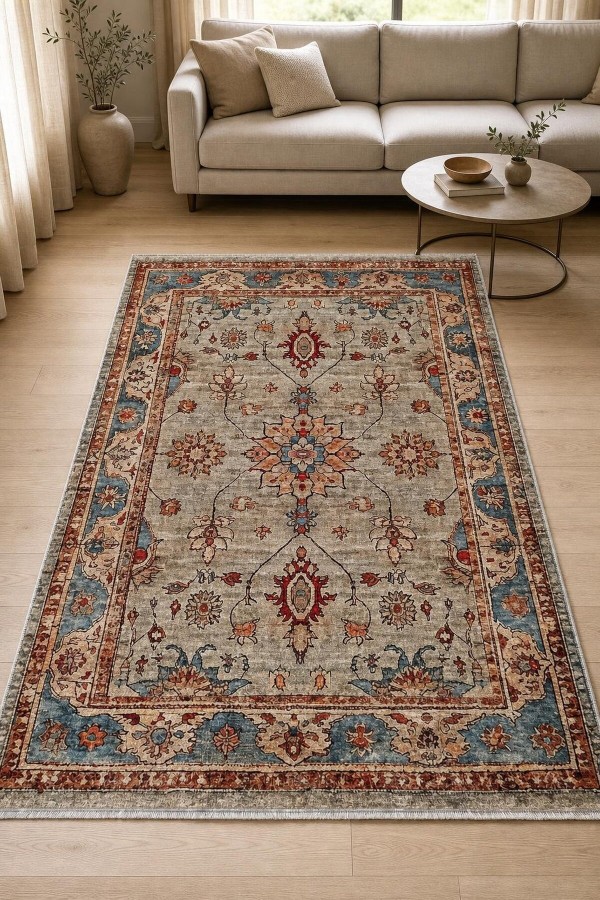 Bej Mutfak Halısı Alternatifi Bohem Çiçek Desenli Saçaklı Kilim Yolluk
