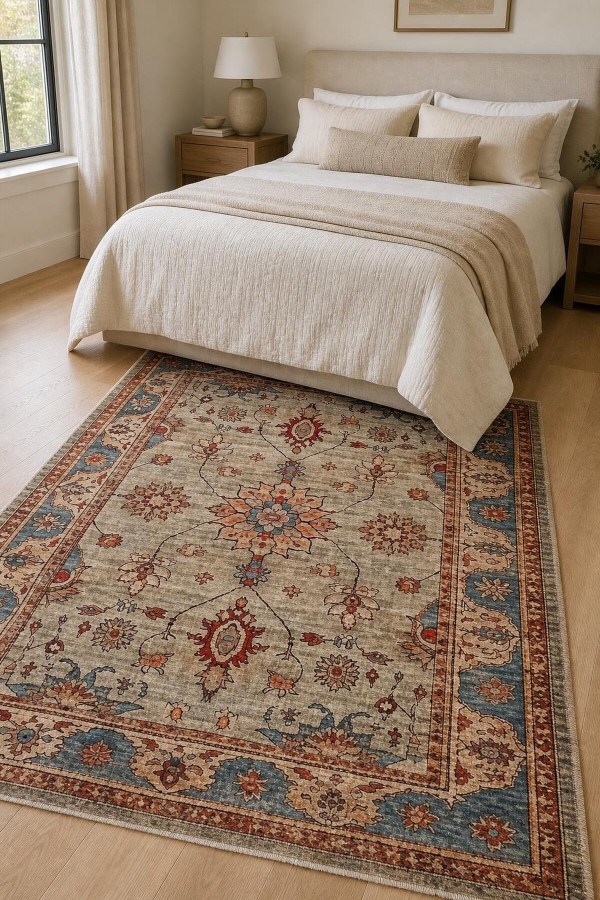 Bej Mutfak Halısı Alternatifi Bohem Çiçek Desenli Saçaklı Kilim Yolluk