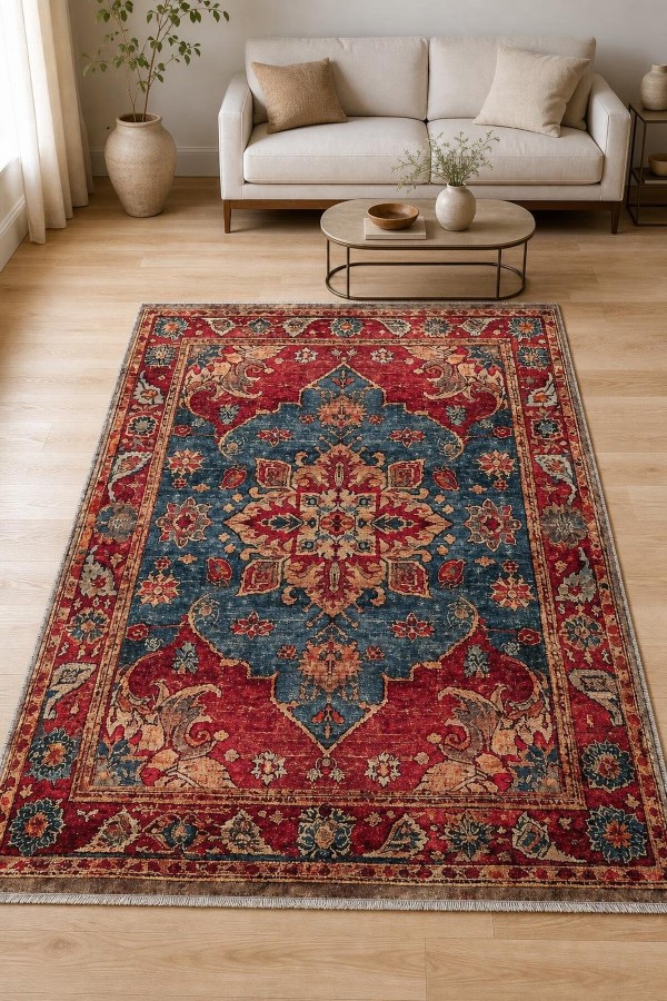 Kırmızı Mutfak Halısı Arayanlar İ̇̇çin Bohem Çiçek Desenli Saçaklı Kilim Yolluk