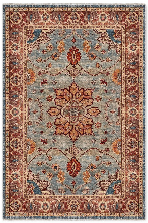 Mavi Mutfak Halısı Kullanımına Uygun Bohem Çiçek Desenli Saçaklı Kilim Yolluk