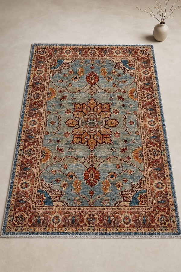 Mavi Mutfak Halısı Kullanımına Uygun Bohem Çiçek Desenli Saçaklı Kilim Yolluk