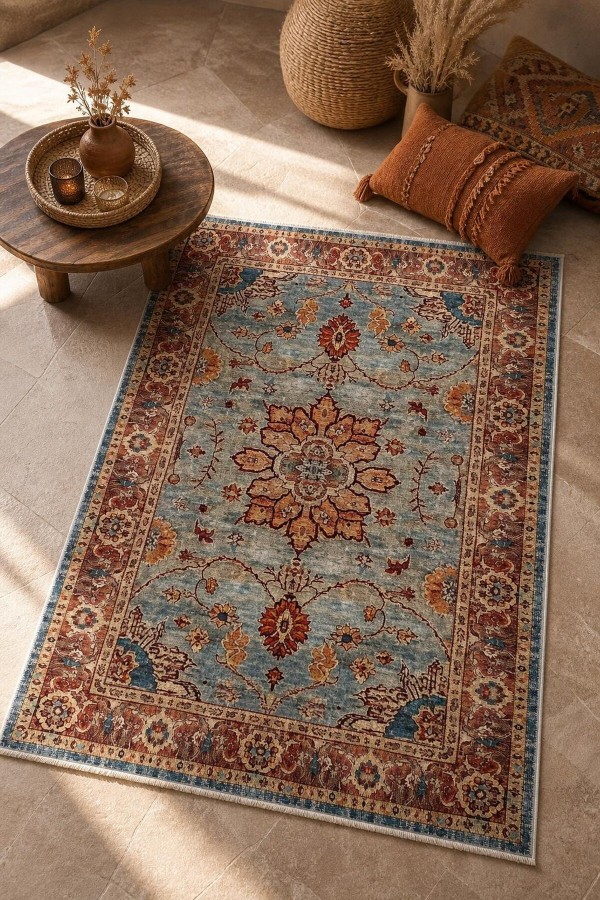 Mavi Mutfak Halısı Kullanımına Uygun Bohem Çiçek Desenli Saçaklı Kilim Yolluk