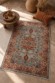 Mavi Mutfak Halısı Kullanımına Uygun Bohem Çiçek Desenli Saçaklı Kilim Yolluk