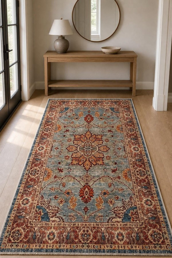 Mavi Mutfak Halısı Kullanımına Uygun Bohem Çiçek Desenli Saçaklı Kilim Yolluk