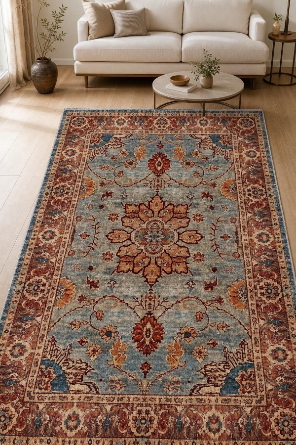 Mavi Mutfak Halısı Kullanımına Uygun Bohem Çiçek Desenli Saçaklı Kilim Yolluk