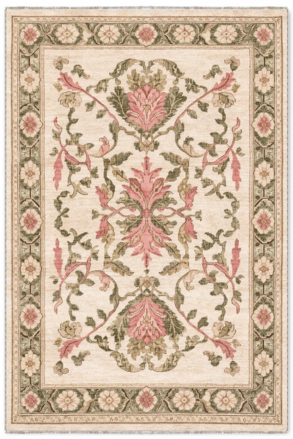 Krem Çiçek Desenli Kilim Yolluk Ve Kaymaz Tabanlı Mutfak Halısı Kullanımına Uygun Saçaklı Model