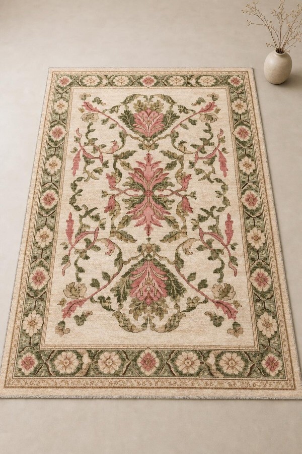 Krem Çiçek Desenli Kilim Yolluk Ve Kaymaz Tabanlı Mutfak Halısı Kullanımına Uygun Saçaklı Model