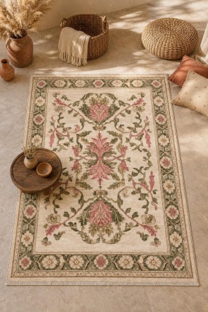 Krem Klasik Çiçek Desenli Koridor Kilim Yolluk Halı 3036