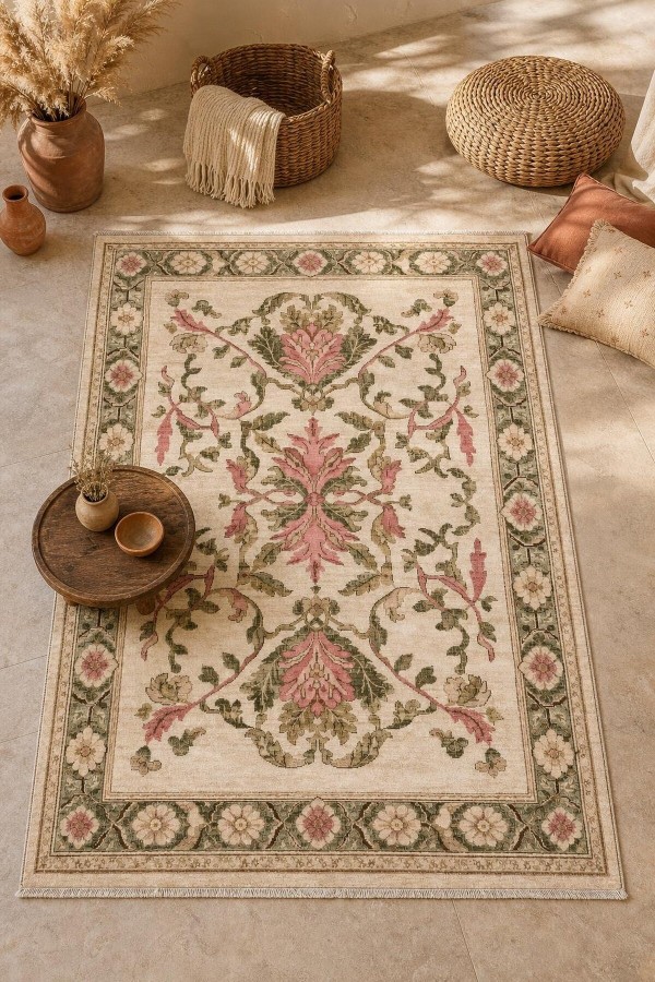 Krem Çiçek Desenli Kilim Yolluk Ve Kaymaz Tabanlı Mutfak Halısı Kullanımına Uygun Saçaklı Model