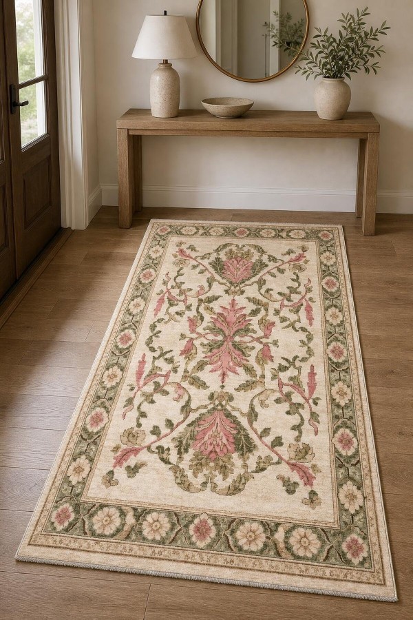 Krem Çiçek Desenli Kilim Yolluk Ve Kaymaz Tabanlı Mutfak Halısı Kullanımına Uygun Saçaklı Model
