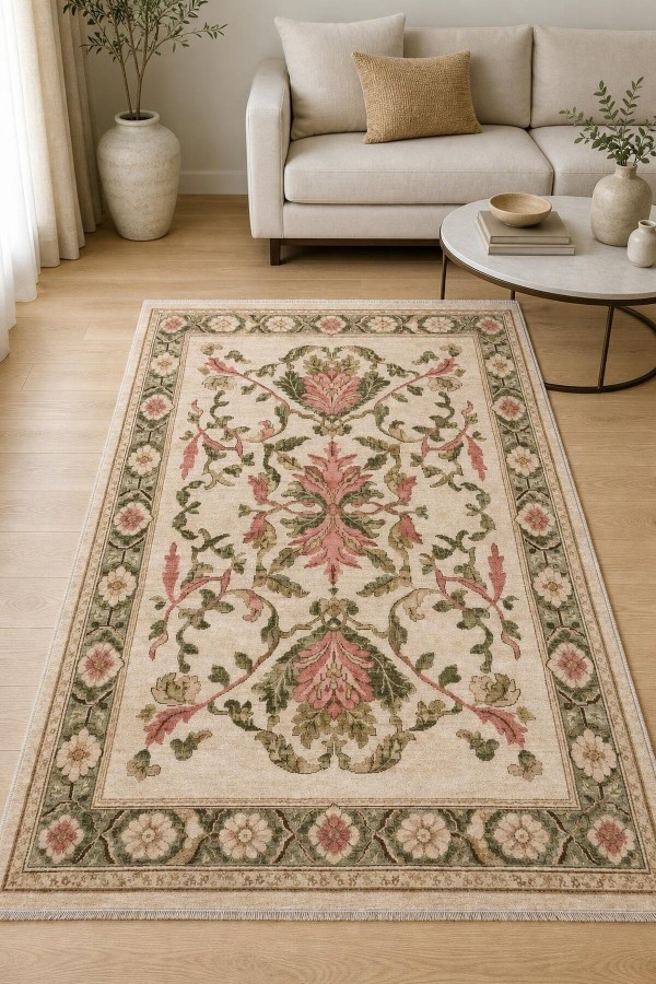 Krem Çiçek Desenli Kilim Yolluk Ve Kaymaz Tabanlı Mutfak Halısı Kullanımına Uygun Saçaklı Model