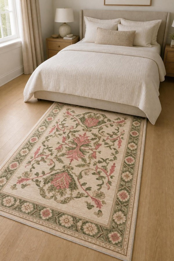 Krem Çiçek Desenli Kilim Yolluk Ve Kaymaz Tabanlı Mutfak Halısı Kullanımına Uygun Saçaklı Model