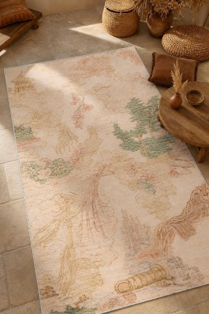 Bej Bohem Doğa Temalı Koridor Kilim Yolluk Saçaklı Halı 3037