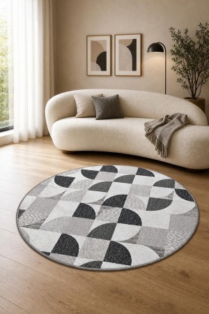 Gri Modern Desenli Kaymaz Tabanlı Yuvarlak 3038 Yuvarlak