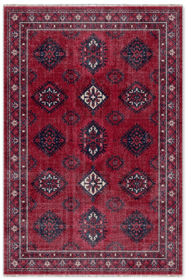 Kırmızı Mutfak Halısı Olarak Kullanılabilen Bohem Geometrik Desenli Saçaklı Kilim Yolluk