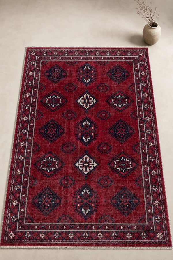 Kırmızı Mutfak Halısı Olarak Kullanılabilen Bohem Geometrik Desenli Saçaklı Kilim Yolluk