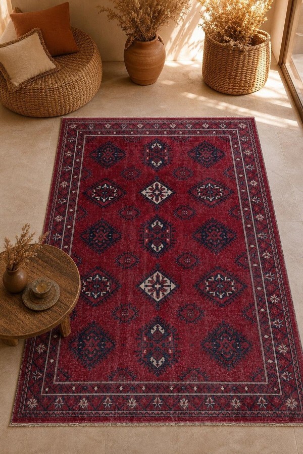 Kırmızı Mutfak Halısı Olarak Kullanılabilen Bohem Geometrik Desenli Saçaklı Kilim Yolluk