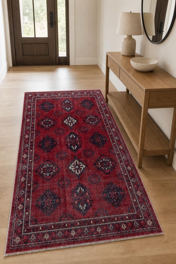 Kırmızı Mutfak Halısı Olarak Kullanılabilen Bohem Geometrik Desenli Saçaklı Kilim Yolluk