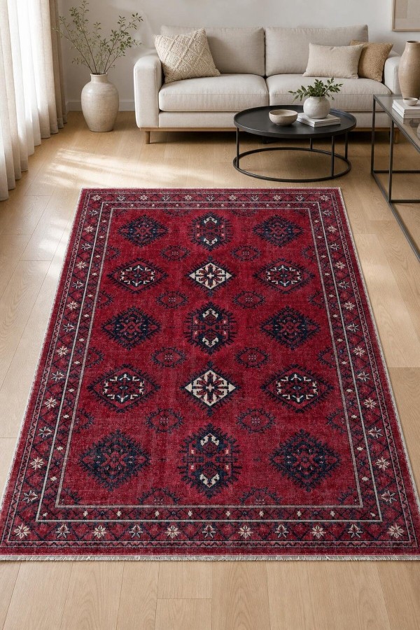 Kırmızı Mutfak Halısı Olarak Kullanılabilen Bohem Geometrik Desenli Saçaklı Kilim Yolluk