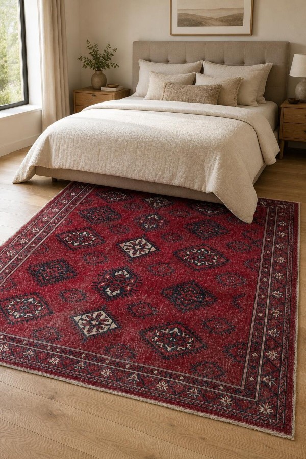Kırmızı Mutfak Halısı Olarak Kullanılabilen Bohem Geometrik Desenli Saçaklı Kilim Yolluk