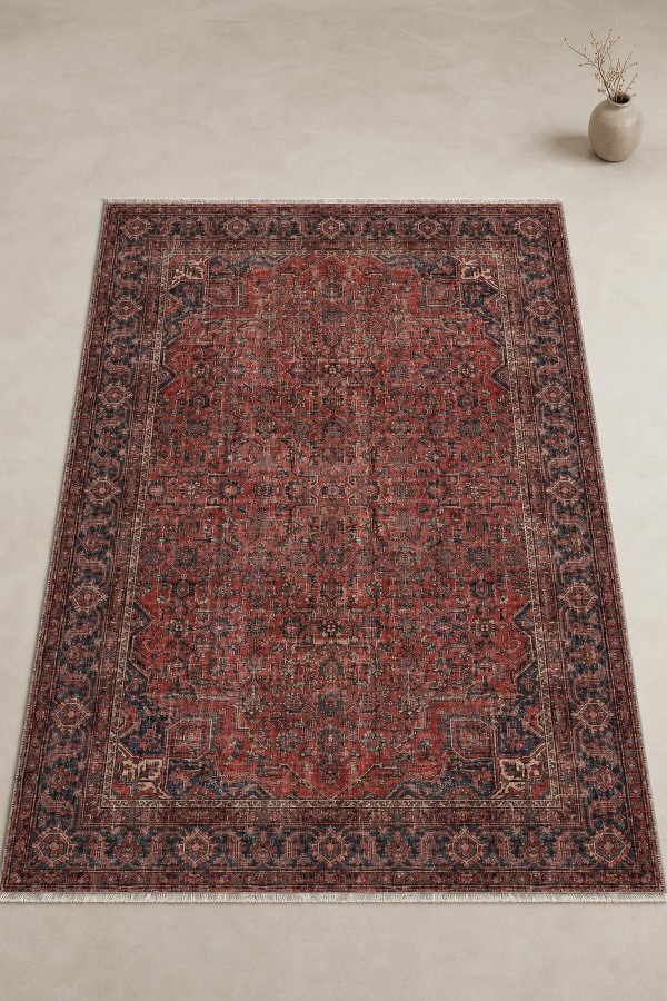Kırmızı Mutfak Halısı Kullanımına Uygun Bohem Desenli Saçaklı Kilim Yolluk