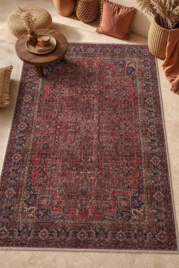 Kırmızı Mutfak Halısı Kullanımına Uygun Bohem Desenli Saçaklı Kilim Yolluk