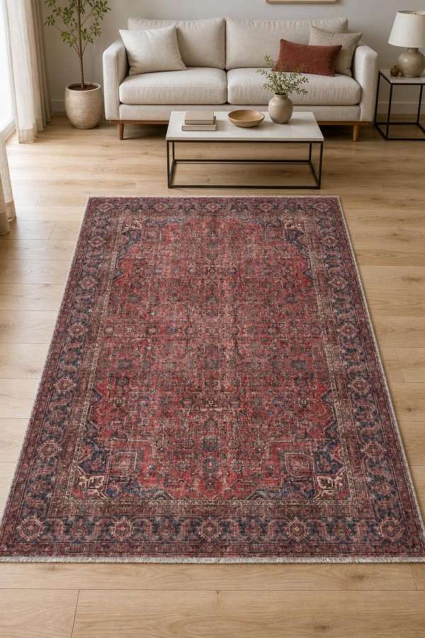 Kırmızı Mutfak Halısı Kullanımına Uygun Bohem Desenli Saçaklı Kilim Yolluk