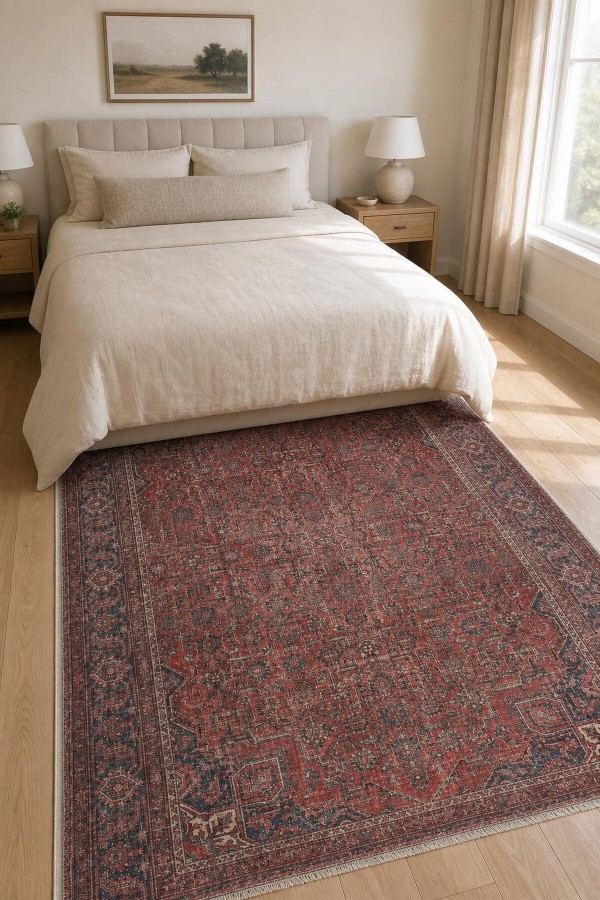 Kırmızı Mutfak Halısı Kullanımına Uygun Bohem Desenli Saçaklı Kilim Yolluk