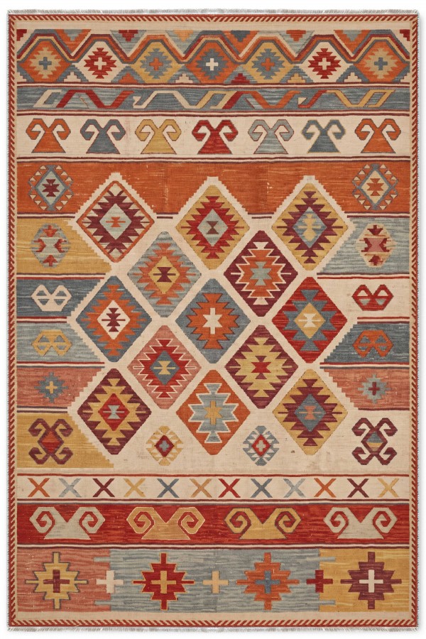 Kırmızı Mutfak Halısı Uyumlu Bohem Etnik Geometrik Desenli Saçaklı Kilim Yolluk