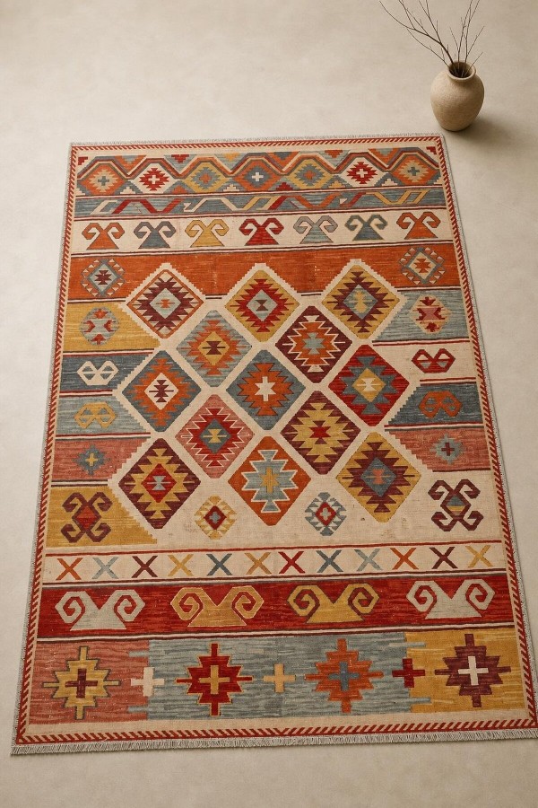 Kırmızı Mutfak Halısı Uyumlu Bohem Etnik Geometrik Desenli Saçaklı Kilim Yolluk