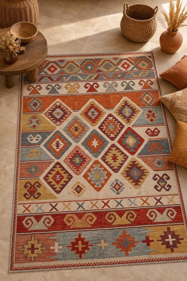 Kırmızı Mutfak Halısı Uyumlu Bohem Etnik Geometrik Desenli Saçaklı Kilim Yolluk