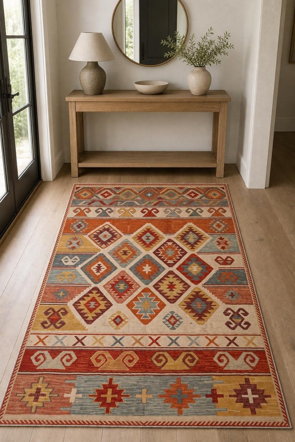 Kırmızı Mutfak Halısı Uyumlu Bohem Etnik Geometrik Desenli Saçaklı Kilim Yolluk