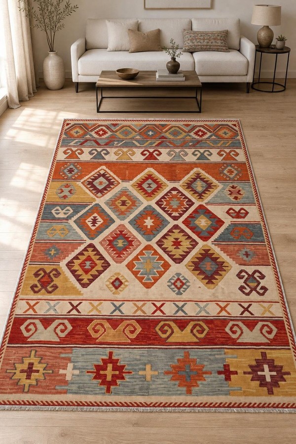 Kırmızı Mutfak Halısı Uyumlu Bohem Etnik Geometrik Desenli Saçaklı Kilim Yolluk