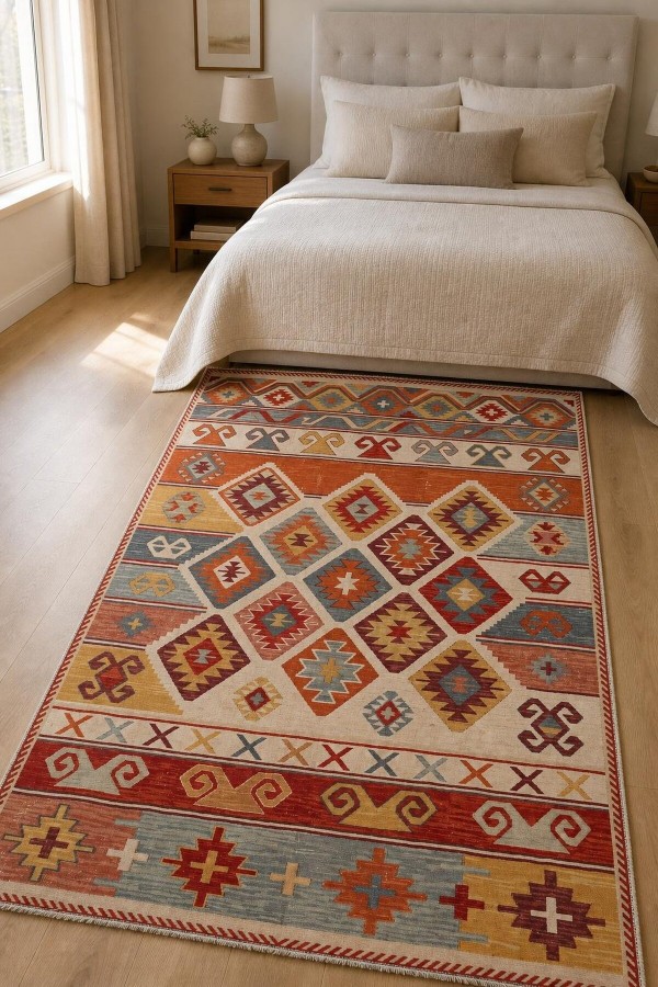 Kırmızı Mutfak Halısı Uyumlu Bohem Etnik Geometrik Desenli Saçaklı Kilim Yolluk