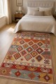 Kırmızı Mutfak Halısı Uyumlu Bohem Etnik Geometrik Desenli Saçaklı Kilim Yolluk