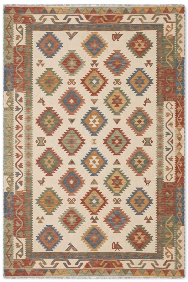 Krem Mutfak Halısı Kullanımına Uygun Bohem Geometrik Desenli Saçaklı Kilim Yolluk