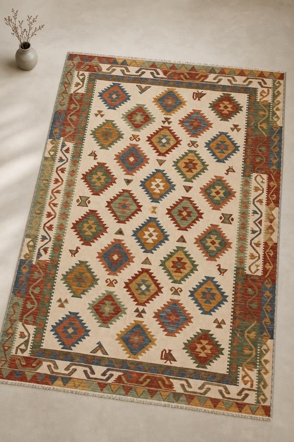 Krem Mutfak Halısı Kullanımına Uygun Bohem Geometrik Desenli Saçaklı Kilim Yolluk