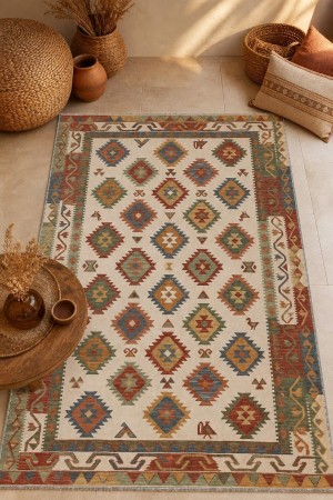 Krem Bohem Desenli Koridor Kaymaz Tabanlı Kilim Yolluk 3053