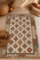 Krem Mutfak Halısı Kullanımına Uygun Bohem Geometrik Desenli Saçaklı Kilim Yolluk
