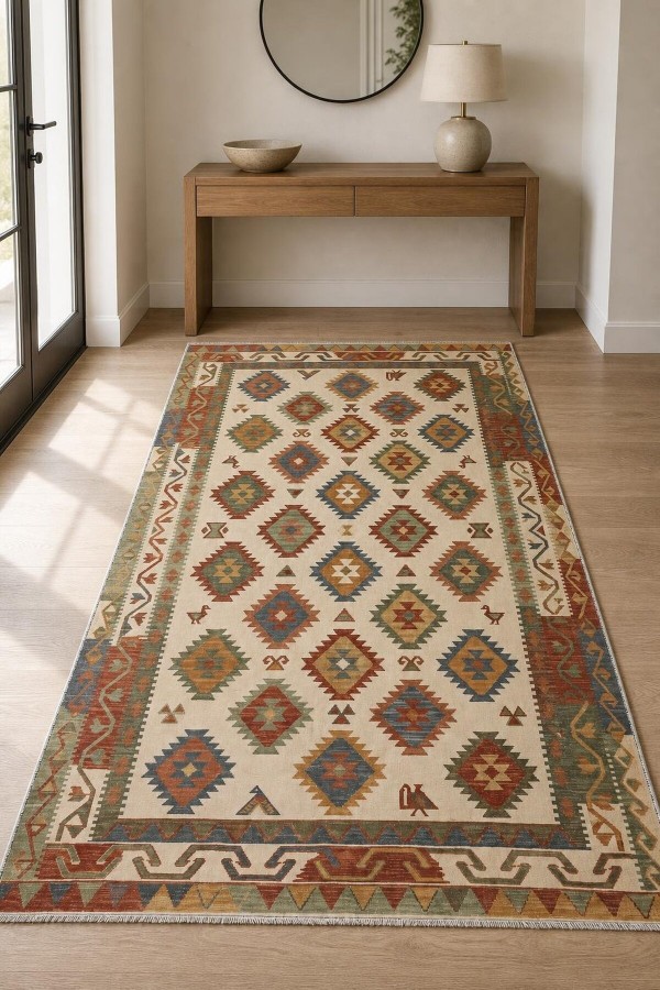 Krem Mutfak Halısı Kullanımına Uygun Bohem Geometrik Desenli Saçaklı Kilim Yolluk