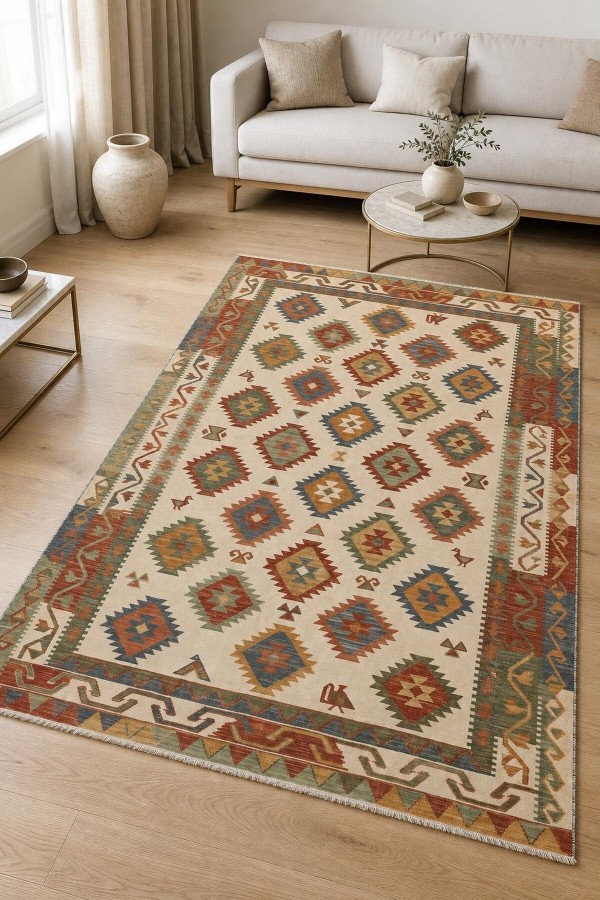 Krem Mutfak Halısı Kullanımına Uygun Bohem Geometrik Desenli Saçaklı Kilim Yolluk