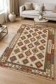 Krem Mutfak Halısı Kullanımına Uygun Bohem Geometrik Desenli Saçaklı Kilim Yolluk